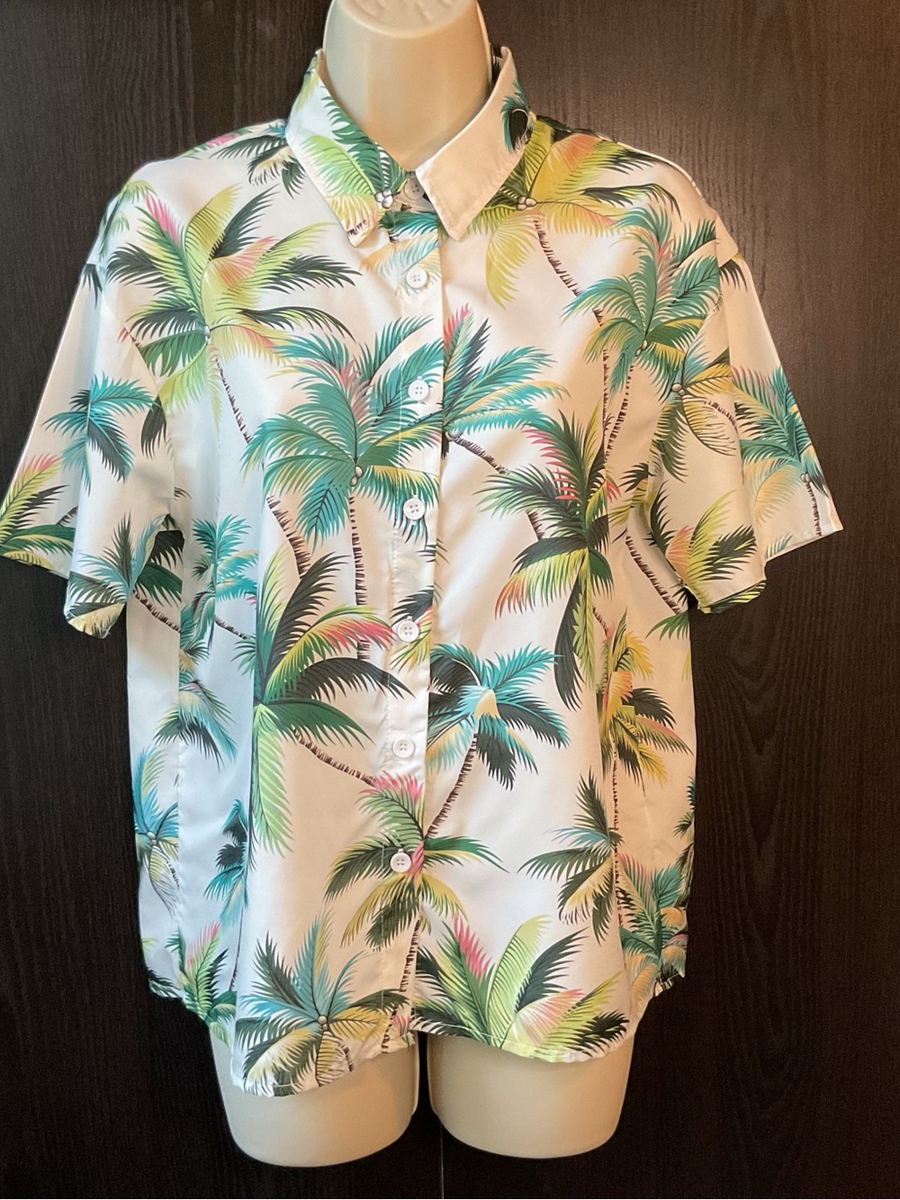 Tropical Palm Print Short-Sleeve Shirt - White/Teal